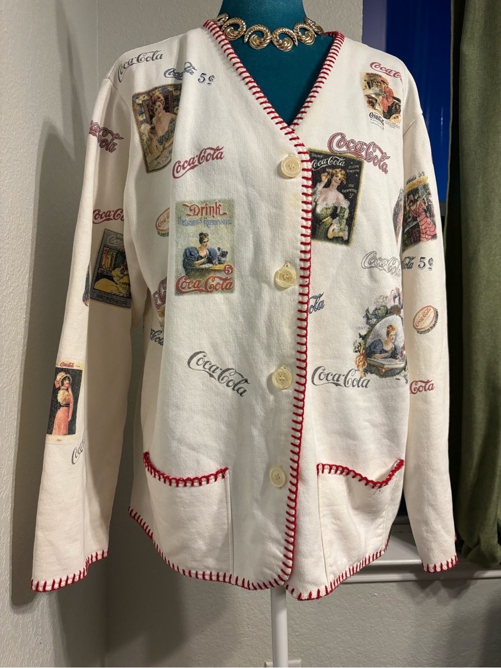Y2K Vintage Grannycore Coca Cola sweater button down front XL